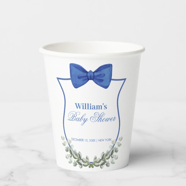 Vasos De Papel Blue Simple Bow Eucalyptus Escudo Boy Baby Shower (Anverso)