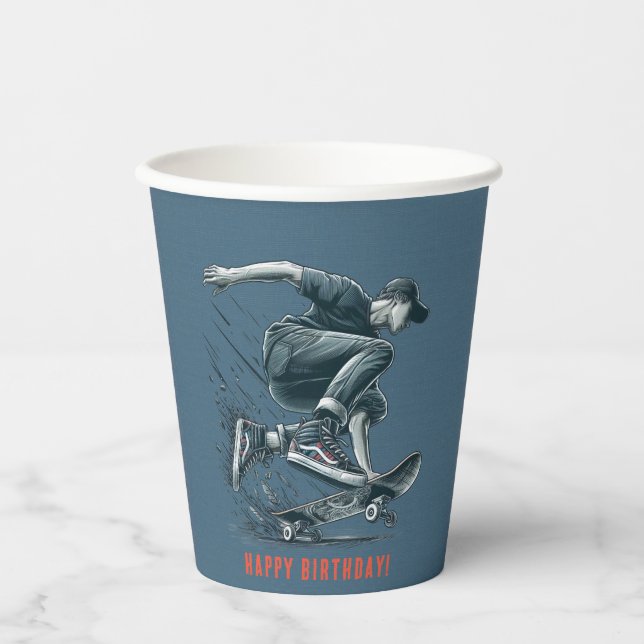 Vasos De Papel Blue Skateboarder Naranja quemado Feliz cumpleaños (Anverso)