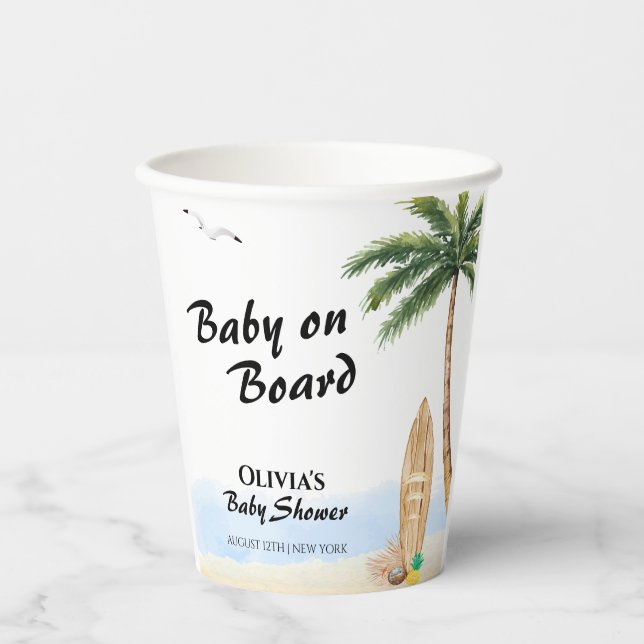 Vasos De Papel Blue Sky Baby On Board Beach Surf Baby Shower (Anverso)