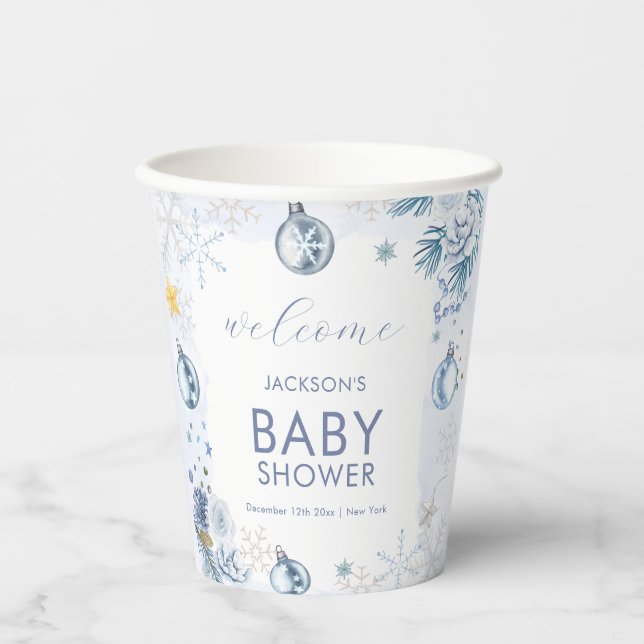 Vasos De Papel Blue Snowflake Flower Winter Baby Shower Welcome (Anverso)