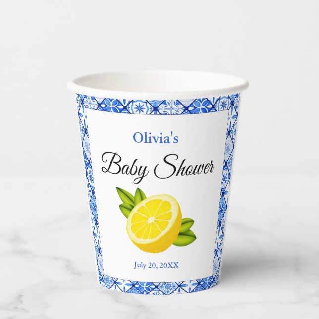 Vasos De Papel Blue Tile Mediterranean Lemon Baby Shower (Anverso)
