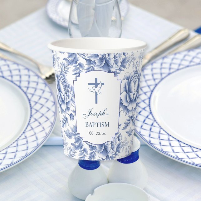 Vasos De Papel Blue Toile Flower Baptism Paper Cup (Subido por el creador)