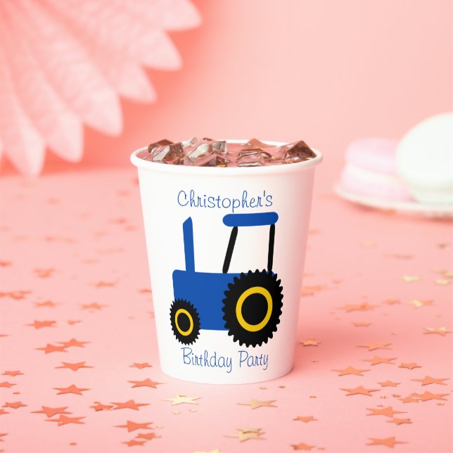 Vasos De Papel Blue Tractor Diseño fiesta de cumpleaños personali (in situ)