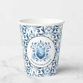 Vasos De Papel Blue Watercolor Monogramado Escudo Bridal Shower