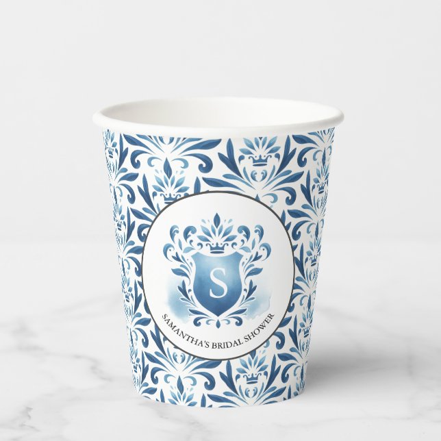 Vasos De Papel Blue Watercolor Monogramado Escudo Bridal Shower (Anverso)