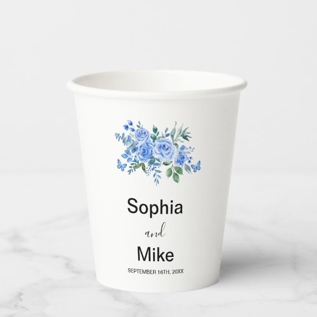 Vasos De Papel Blue Watercolour Floral and Butterflies Wedding (Anverso)