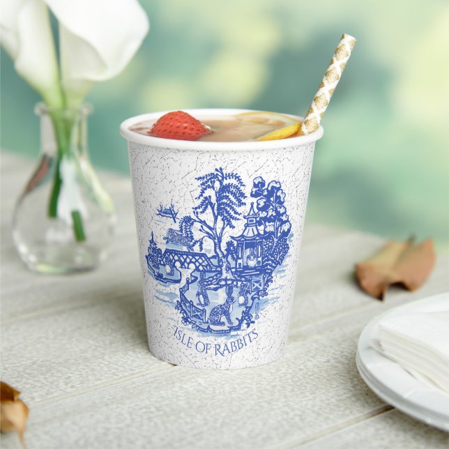 Vasos De Papel Blue Willow Rabbit Island Whimsical Crackge Look (in situ)
