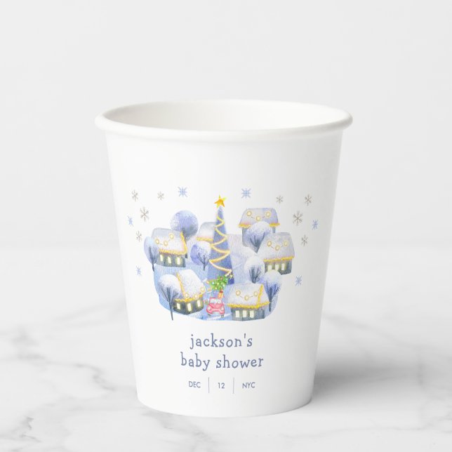 Vasos De Papel Blue Winter Snow It Take A Village Baby Shower  (Anverso)