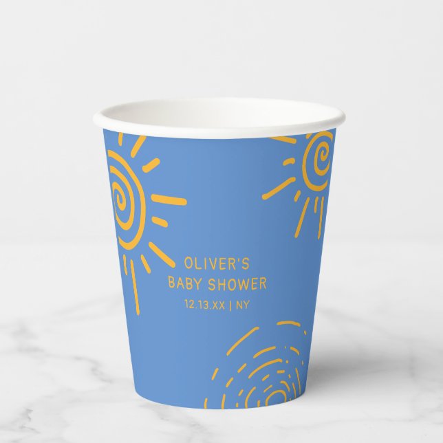 Vasos De Papel Blue Yellow Retro Ray Of Sunshine Baby Shower (Anverso)