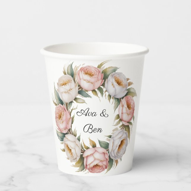 Vasos De Papel Blush and Ivory Rose Floral Wreath Wedding (Anverso)