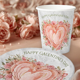 Vasos De Papel Blush Baroque Rococo Floral Heart Galentine  