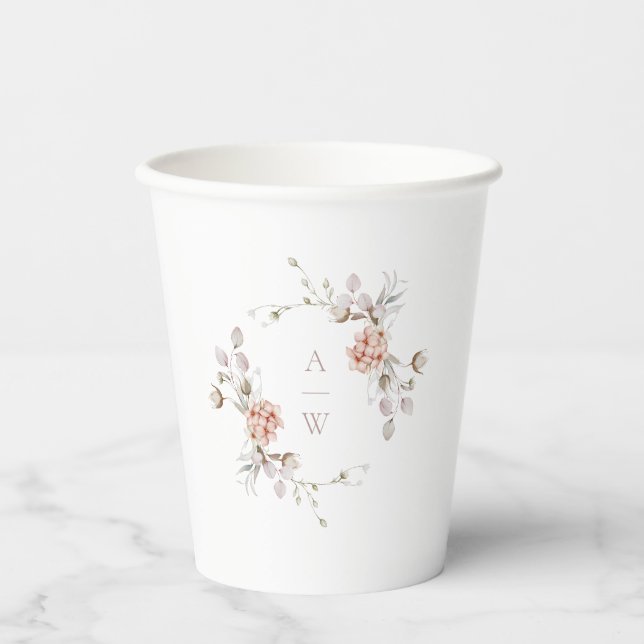 Vasos De Papel Blush Floral Monogram Wedding Paper Cup  (Anverso)