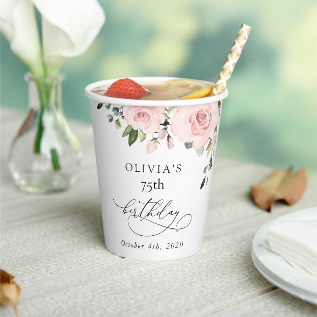 Vasos De Papel Blush Flowers, Pink Flowers, Greenery, Birthday (in situ)