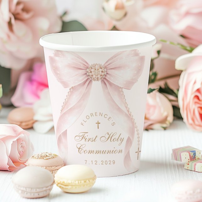 Vasos De Papel Blush Pink Bow First Holy Communion Coquette (Subido por el creador)