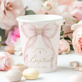 Vasos De Papel Blush Pink Bow Gold Cross Baptism