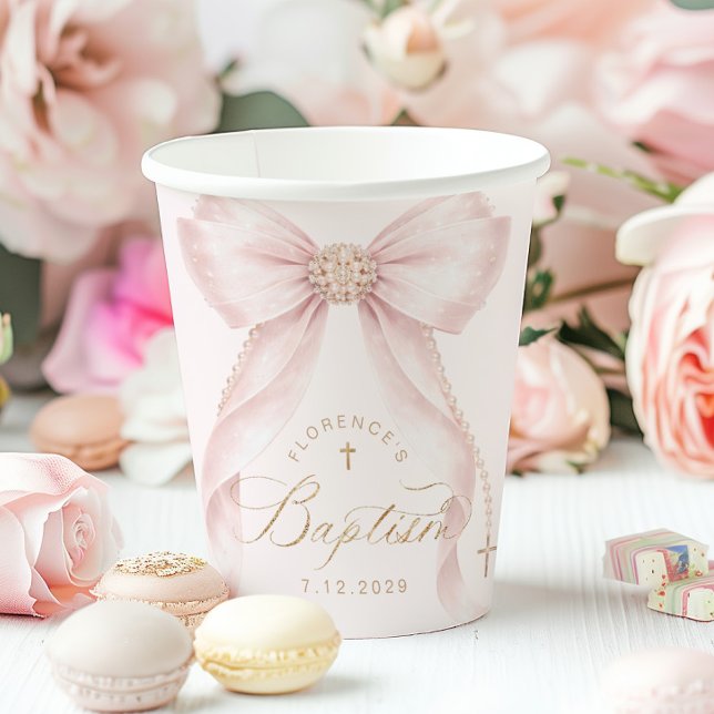 Vasos De Papel Blush Pink Bow Gold Cross Baptism (Subido por el creador)