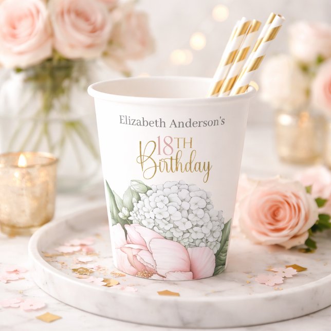 Vasos De Papel Blush Pink Peony Floral 18th Birthday  (Subido por el creador)