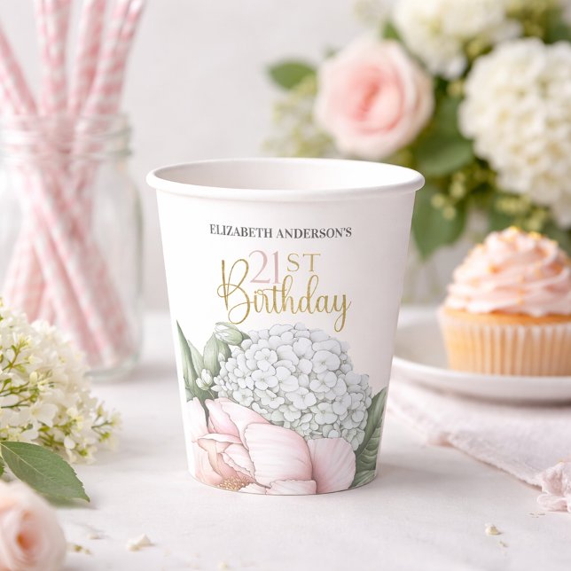 Vasos De Papel Blush Pink Peony Floral 21st Birthday  (Subido por el creador)