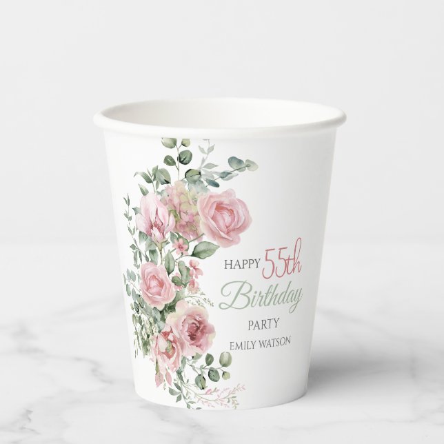 Vasos De Papel Blush Rose Greenery Eucalypt 55th Birthday (Anverso)