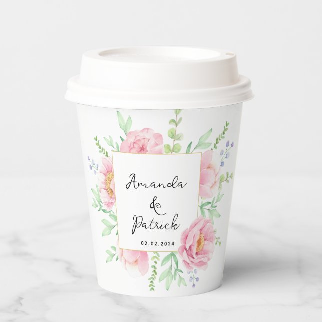 Vasos De Papel Boda acuarela de peonía rosa  (Anverso)