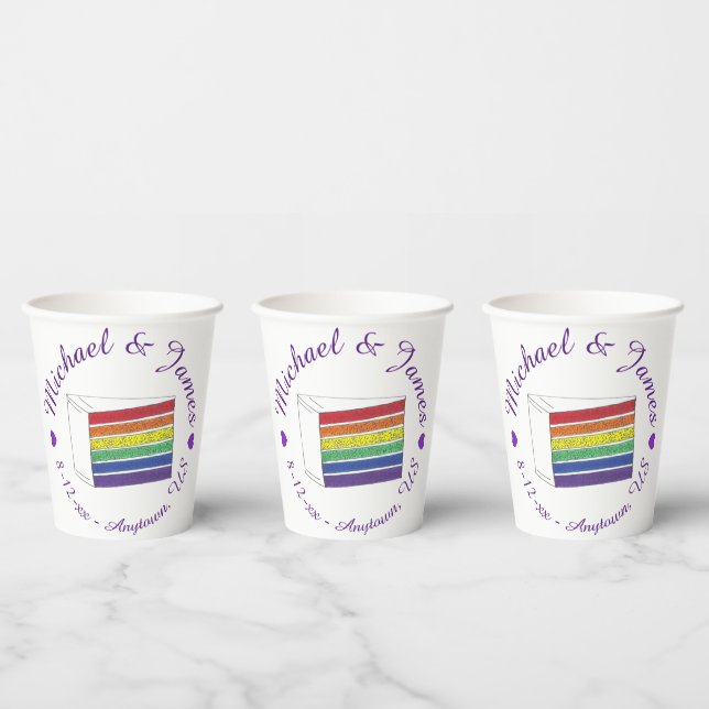 Vasos De Papel Boda arcoiris rebanada de pastel morado Gay LGBT (Multi)