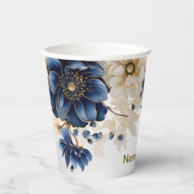 Vasos De Papel Boda Azul Marino Blanco Floral Dorado Plateado (Anverso)