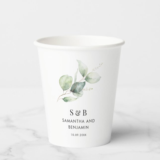 Vasos De Papel Boda botánica de eucalipto con acuarela (Anverso)