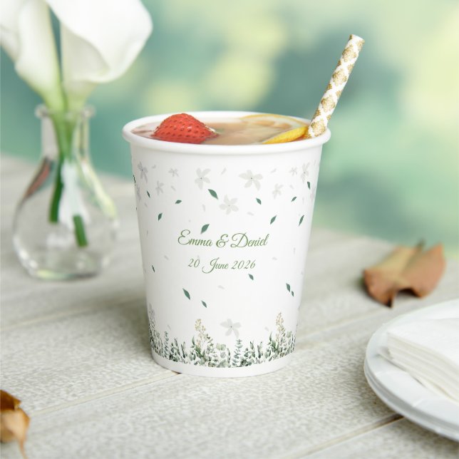 Vasos De Papel Boda botánica de eucalipto y flores blancas (in situ)