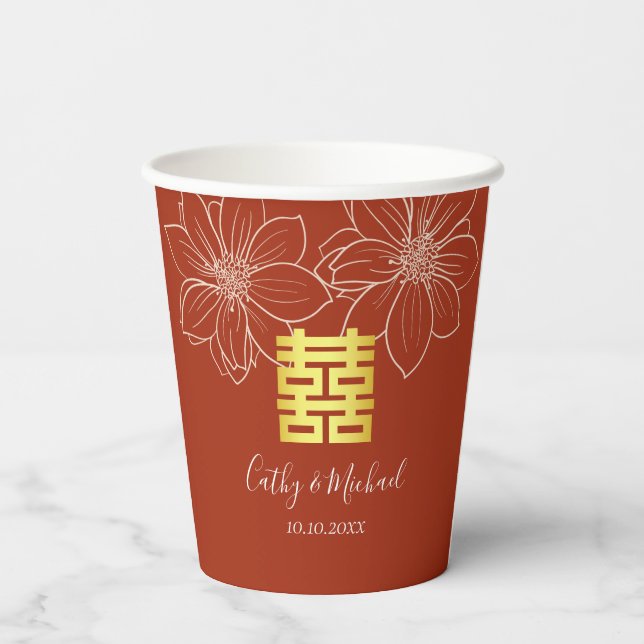 Vasos De Papel Boda china floral roja moderna boho (Reverso )