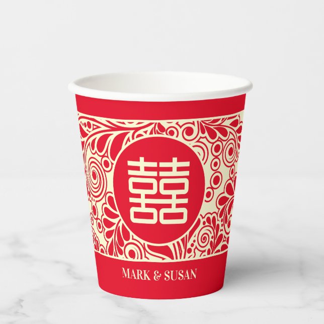 Vasos De Papel Boda chino bilingüe de doble felicidad (Anverso)