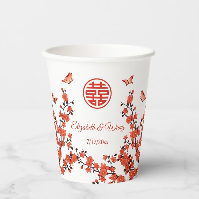 Vasos De Papel Boda chino Personalizado de ceremonia de té cereza (Anverso)