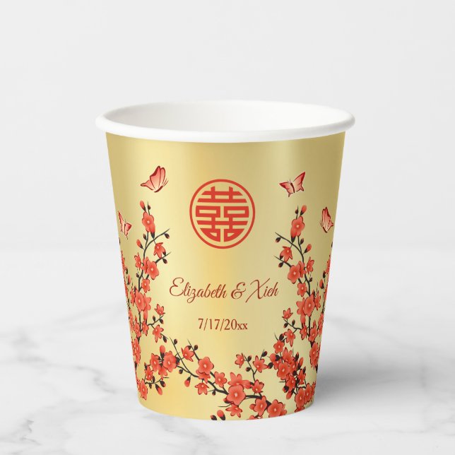 Vasos De Papel Boda chino Personalizado de ceremonia de té cereza (Anverso)