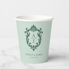 Vasos De Papel Boda con Escudo Ornamentado Vintage Verde