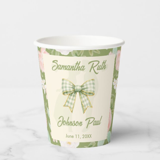 Vasos De Papel Boda con lazo de gingham verde de flor silvestre (Anverso)