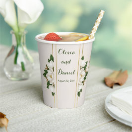 Vasos De Papel Boda con Magnolia Elegante y Marco Dorado