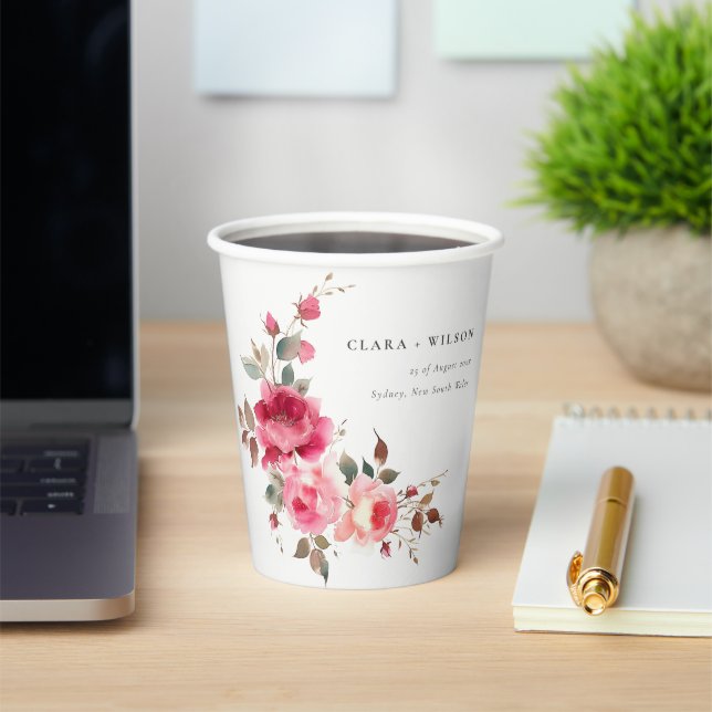 Vasos De Papel Boda de acuarela de las flores rosadas rojas de Bo (in situ)