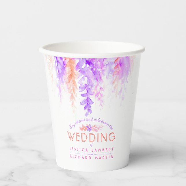 Vasos De Papel Boda de acuarela de naranja púrpura (Anverso)