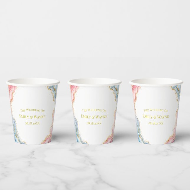 Vasos De Papel Boda de Ágata Rosa Azul y Dorado (Multi)