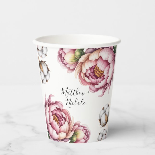 Vasos De Papel Boda de Algodón Rosa y Blanco (Anverso)