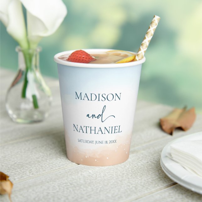 Vasos De Papel Boda de arena de la orilla del océano azul elegant (in situ)