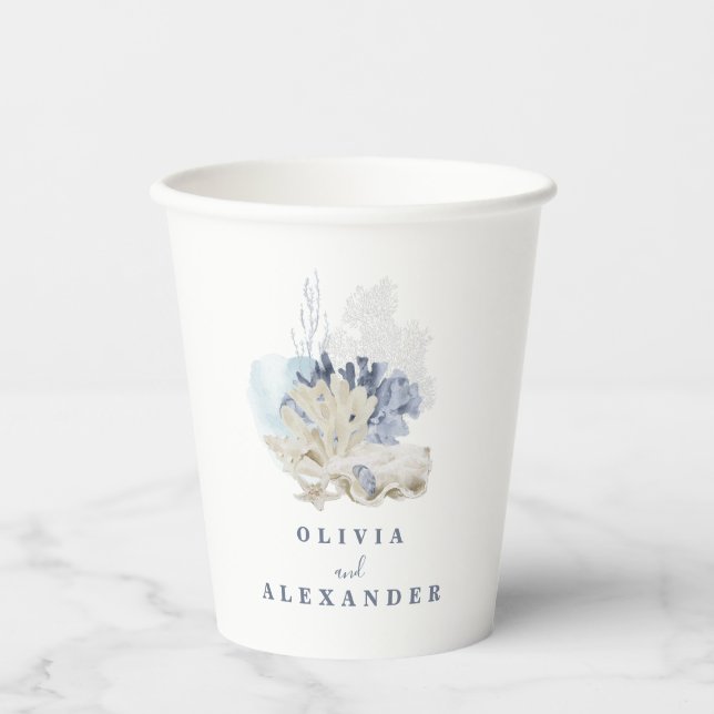 Vasos De Papel Boda de concha azul de playa costera (Anverso)