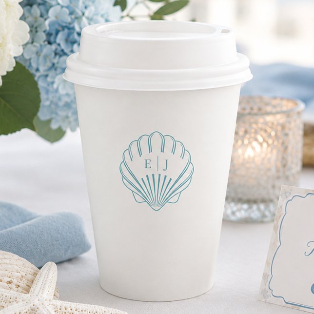Vasos De Papel Boda de conchas marinas azules costeras (Blue Coastal Seashell Wedding  Paper Cups)