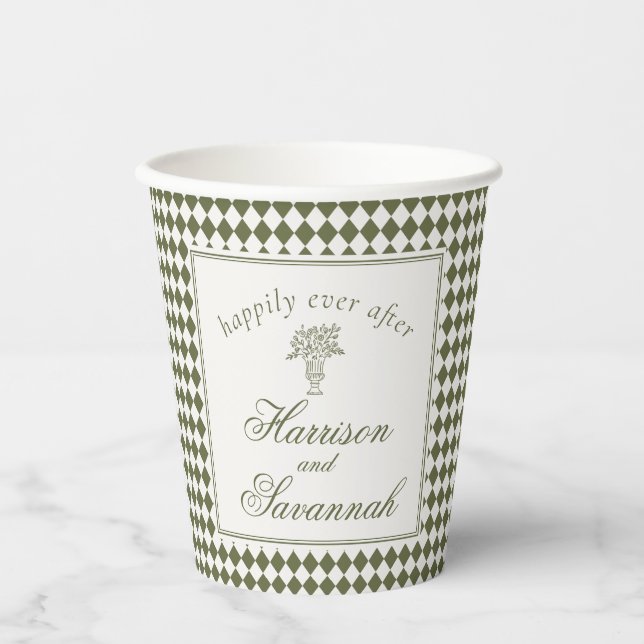 Vasos De Papel Boda de Cuadro de Arlequín Verde Oliva (Anverso)