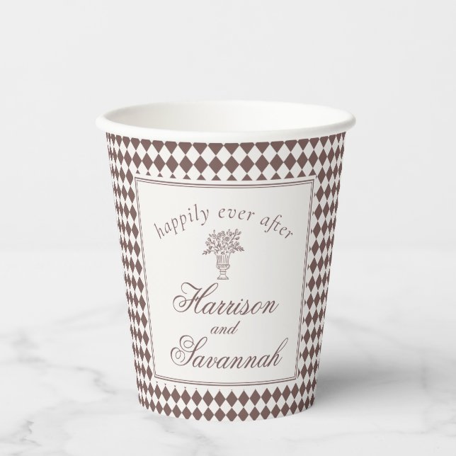 Vasos De Papel Boda de Cuadros Arlequín Marrón Mocha (Anverso)