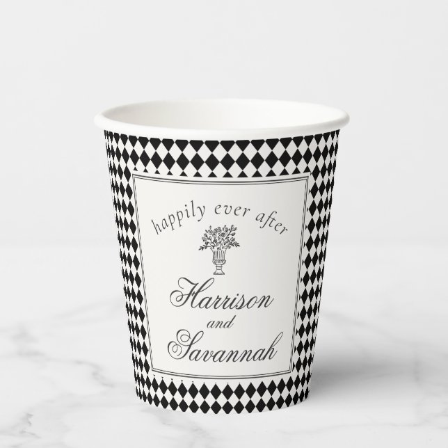 Vasos De Papel Boda de Cuadros de Arlequín Negro (Anverso)
