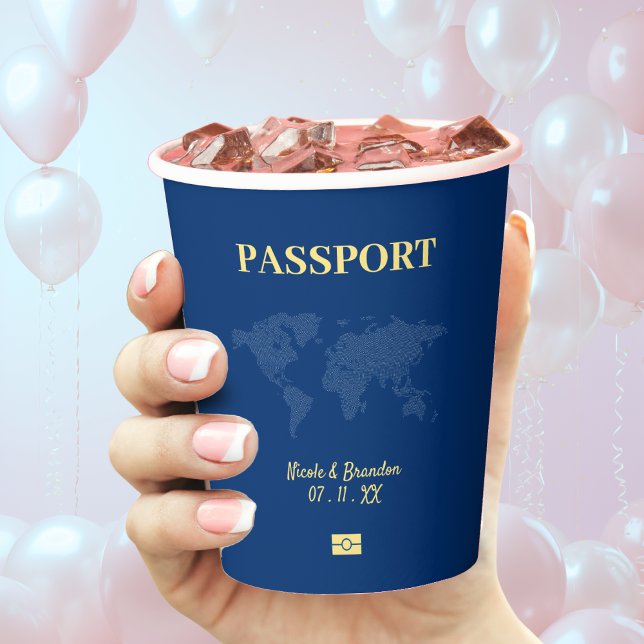 Vasos De Papel Boda de destino de pasaporte azul y amarillo (Blue & Yellow Passport Destination Wedding Paper Cups)