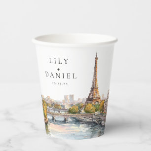 Vasos De Papel Boda de destino en París Francia acuarela