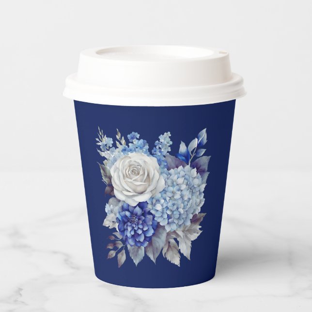 Vasos De Papel Boda de flores azul acuarela - (Anverso)