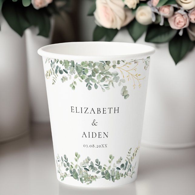 Vasos De Papel Boda de guiones de escritura a mano de Eucalyptus  (Eucalyptus Wedding Handwriting Script Wedding Paper Cups with your names and date.)
