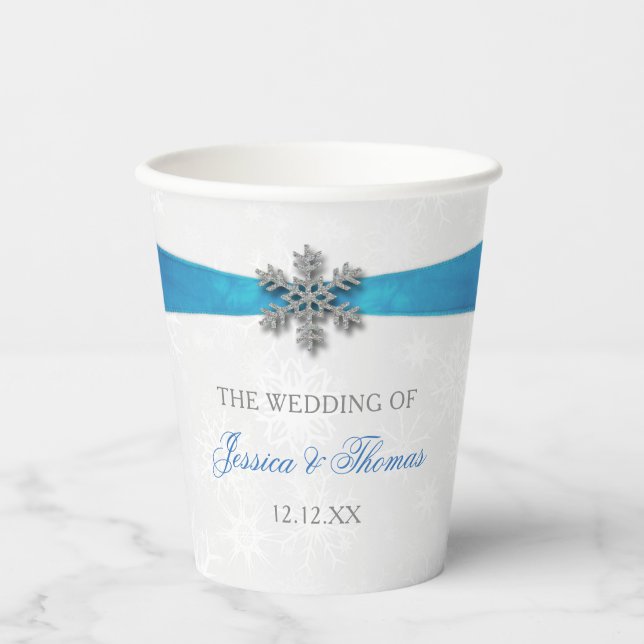 Vasos De Papel Boda de Invierno Diamante Snowflake & Blue Ribbon (Anverso)
